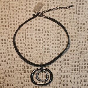 Chico's 'Eccentric' leather & gunmetal asymmetrical ring pendant necklace - NWT